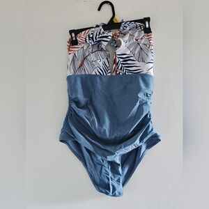 Blue and White Leaf Print Women's One Piece Swimsuit